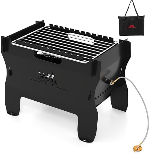 KOMFOTTEU Barbecue Portatile 2 in 1 con Borsa da Trasporto, Fornacella a Carbone, Gas, Legna e Pellet, Griglia Barbecue in Acciaio Inox per BBQ, Picnic e Feste, da Giardino, Terrazza, Campeggio, Nero