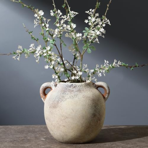 KRYSTHIA Keramisk blomvas med handtag, dekorativ terrakottavas, rustika vaser för heminredning, bondgård vintage vaser för vardagsrum, kök, sovrum, kontor, soffbord, 14 cm (brun)