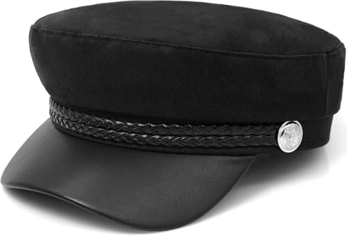 HIQUACC British Flat Top Beret Captain Hat with PU Leather Brim Vintage Navy Sailor Cap for Women (Black)