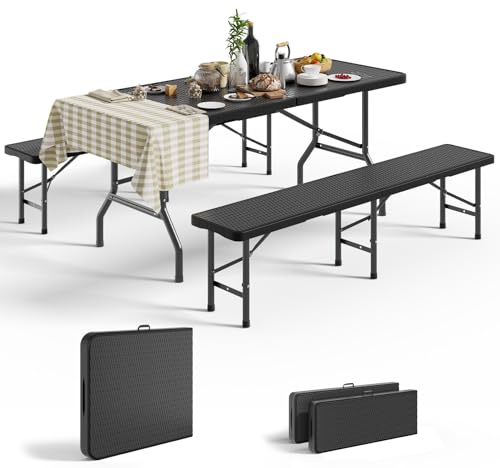 Devoko Set 3 Tavoli e Panche Birreria Pieghevoli Rattan, 1 Tavolo 180x74x74cm + 2 Panca da Esterno 180x30x43cm, Robusta Portatile Facile da Pulire Pieghevole Tavolo Birreria con Panche per 6-8 Persone