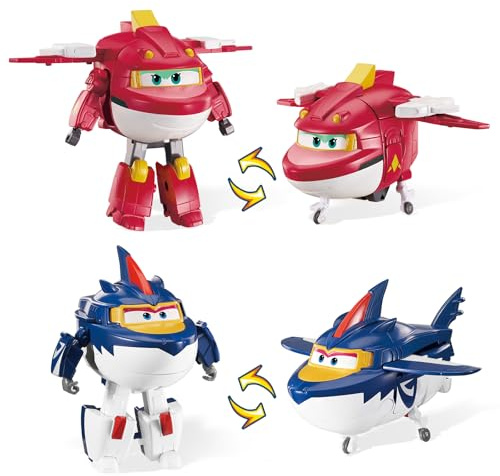 Super Wings giocattolo robot trasformabile 2PCS Sharky & Rattie, 3 in 1 giocattolo dinosauro trasformabile in aereo robot da 12,7 cm per bambini e bambine dai 3 anni in su, blu e arancione