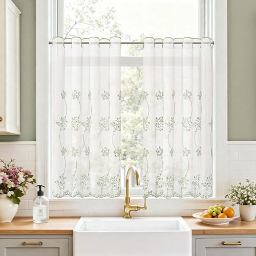 TOPICK Linen Net Kitchen Cafe Curtains, Green Floral, W36 xL36, 2 Panels | Embroidered Light Filtering Privacy Short Curtains, Small Window Tiers for Cupboard Base, Sink, Basement, Bistro, Bathroom