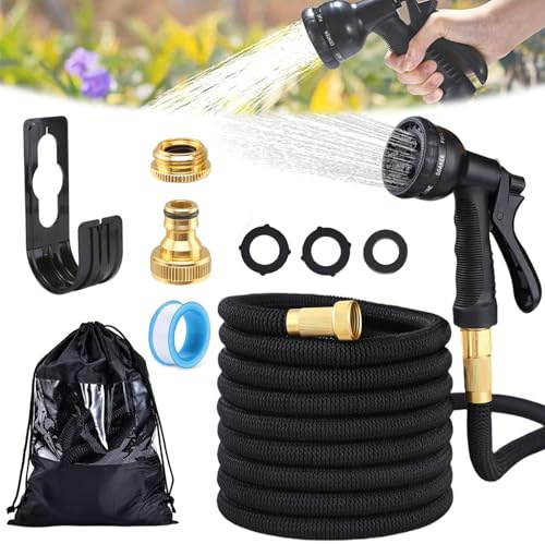 Tubo da giardino flessibile 15 m, tubo estensibile con pistola a 8 getti, tu-bo leggero e flessibile, tu-bo per irrigazione con raccordi metallici da 1/2 e 3/4, supporto a parete, nero