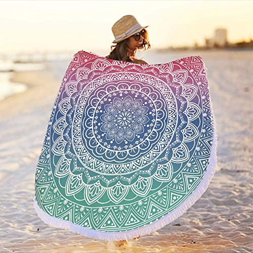 Oversize Round Mandala Beach Towel Blanket, Circle Microfiber Bohemian Boho Quick Dry Super Water Absorbent Towel, Hippy Gypsy Yoga Mat Picnic Table Mediation Throw Tapestry with Tassel Ultra ,59”