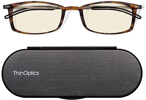 ThinOptics Blue Light Reading Glasses 2.0 for Computers Gaming & Screens with Slim 4mm Magnetic Case - Ultra Thin Readers & Blue Light Blocking Spectacles with Tortoise Frame & Brushed Aluminium Case