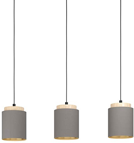EGLO Pendelleuchte Albariza, 3-flammige Hängelampe Vintage, Hängeleuchte aus Stahl, Holz und Textil in Schwarz, Natur, Cappuccino, Gold, Esstischlampe, Wohnzimmerlampe hängend mit E27 Fassung