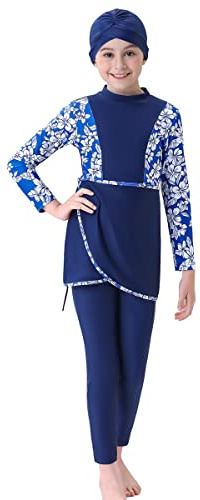 IMEKIS Kid Girls Muslim Swimwear Modest Swimsuits Islamic Burkini Outfit Long Sleeve Swim Top Pants Hijab 3pcs Tankinis Swimming Costume Summer Beachwear Bathing Suit Dark Blue-Flower 9-10 Years