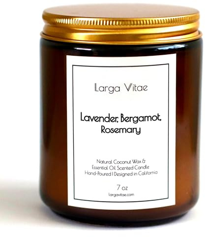 Larga Vitae Lavender, Bergamot, Rosemary Coconut Wax Candle Non Toxic Aromatherapy Candle with Essential & Prime Rated Natural Fragrance Oils, Clean Burning Amber Jar Candle, 7 oz Small Batch