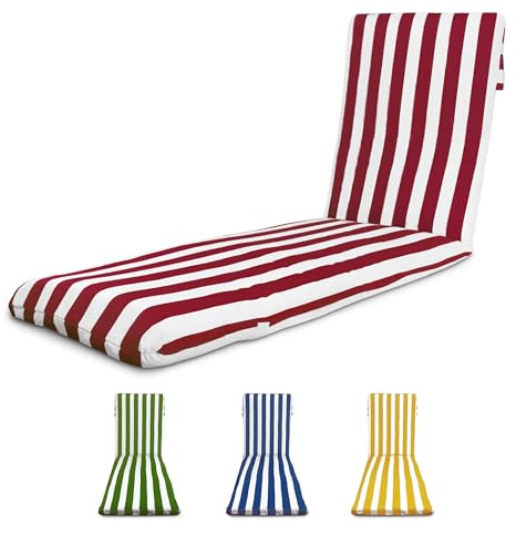 TIENDA EURASIA - Cojín para Tumbona de Jardín, Relleno de Fibra Acolchada, Funda de Tela Lavable con Cremallera, Medida 180x50x5 cm, Diseño de Rayas, Cintas y Capucha de Sujeción (Granate)
