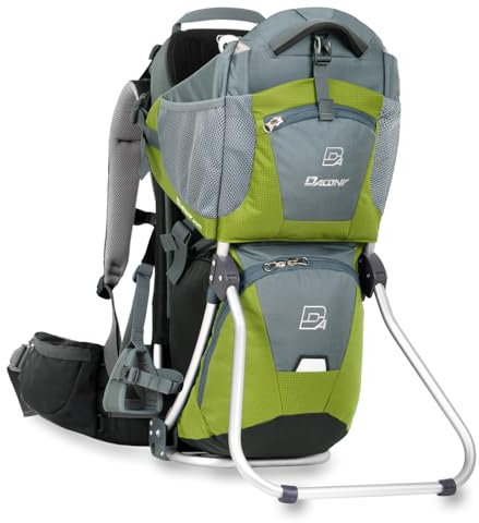 Kraxe Kindertrage Dacony, inklusive einem Paar Fußstützen mit Fersenarretierung, für das Tragen auf dem Rücken- Kindertragerucksack mit Rahmen- bis 25 kg- geeignet für alle Körpergrößen (Lime Green)