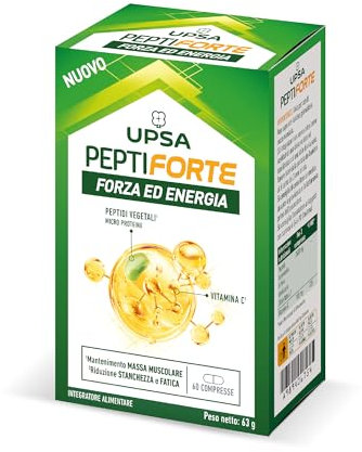 UPSA PeptiFORTE Peptidi e Vitamina C - Crescita e Mantenimiento Massa Muscolare - Supporto Energia a Lungo Termine - 100% Vegetale - Clinicamente Testato - Per Adulti Attivi - Forza ed Energia