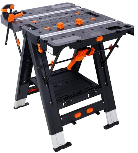Folding Work Table, Portable Workbench with Adjustable Height, 2-in-1 as Sawhorse & Workbench, Heavy-Duty 1000LBS Load Capacity, Aluminum Frame, Professional Foldable Work Bench with 2pcs Clamps