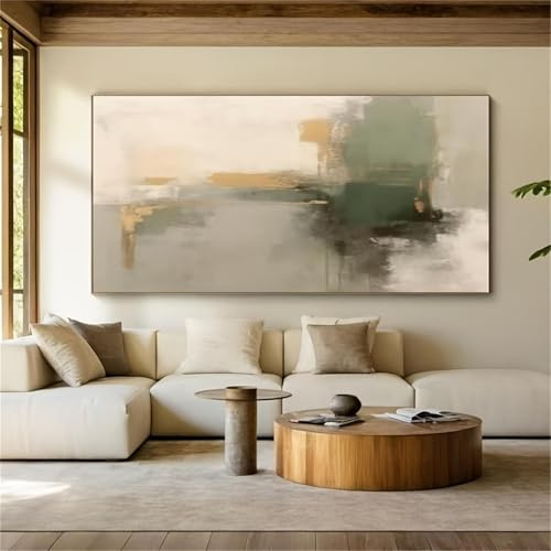 DFZEWKI Gran pintura al óleo abstracta impresa sobre lienzo, moderna, verde, dorada y beige, arte de pared, lienzo, obra de arte para sala de estar, 80 x 160 cm (31 x 63 pulgadas), sin marco