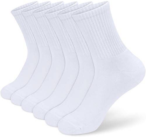 KOOOGEAR 6 Pairs Boys Girls Socks Kids Cushioned Sports Socks Black White Cotton Breathable School Athletic Crew Socks 6-12 Years (UK, Age, 9 Years, 12 Years, Regular, 6 Pairs White)