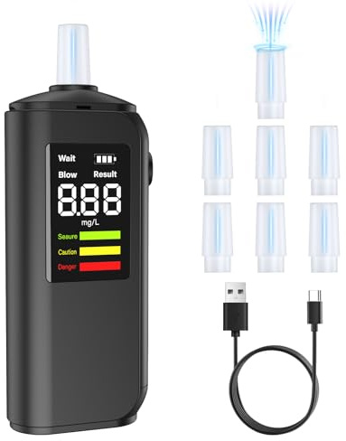 PTDHE Etilometro Portatile Certificato CE, Alcol Test con Display LED ad Alta Definizione, Alta precisione, Ricarica Type-C, Due metodi di Prova, con 7 bocchette（Nero Opaco 1,8 Pollici）