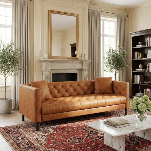 MilleLoom Mid Century Modern Leather Sofa 81 Inch, Chesterfield Style 3 Seat Couch with Deep 26 Seats, Button Tufted Upholstery, Includes 2 Pillows for Living Room, Apartment or Office, Orange