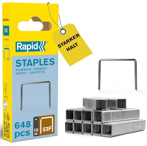 Rapid Fintrådsklammer Av Hög Kvalitet, För Textilier, Klammer Nr. 53F, Benlängd 10mm, För Häftpistoler, Galvaniserad Stål, 648-pack (5000557)