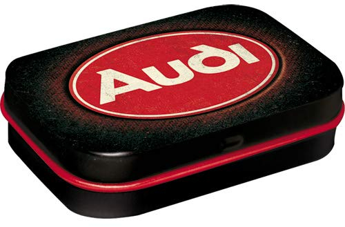 Nostalgic-Art Retro Pillendose, 4 x 6 x 1,6 cm, Audi – Logo Red Shine – Geschenk-Idee für Audi-Zubehör Fans, Original Lizenzprodukt (OLP), mit Pfefferminz-Dragees, Vintage Design