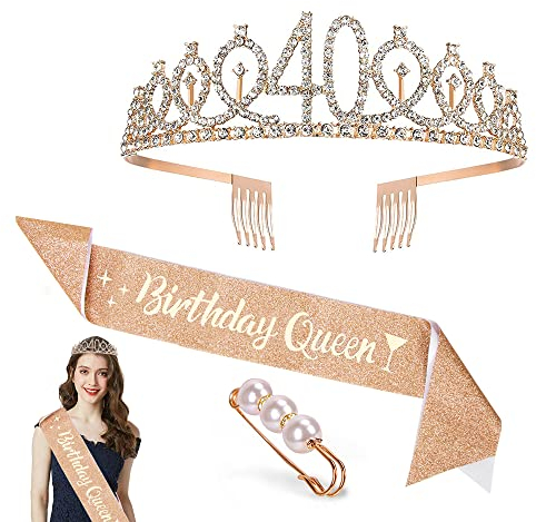 Zaloife 40. Geburtstag Krone Schärpe, Geburtstag Tiara Gold Geburtstag Schärpe Haarnadel, Junggesellinnenabschied Set für 40 Geburtstag Deko Geschenk Frauen Party Accessoires