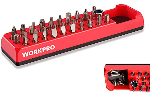 WORKPRO Magnetic Hex Bit Organizer, 39 Hole Screwdriver Drill Bit Holder Tray with Strong Magnetic Base, Accessories Storage Grid, for 1/4 Inch Hex Bit & Drive Bit Adapter, Red (Bits Not Included)