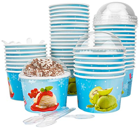 GLAITC Coppe Gelato di Carta,4 oz 50 Pezzi Contenitori per Gelato di Carta Riutilizzabili con 50 Pezzi, Coperchi e Palette, Coppe per Gelato, Coppe per Dessert,Gelato,Yogurt,Zuppa e Torta (Blu)