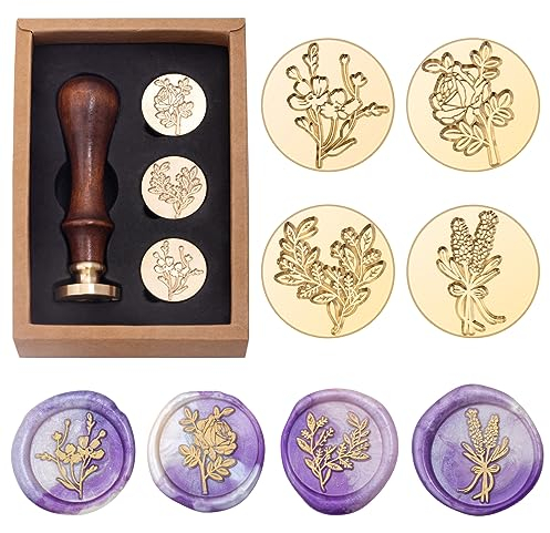 Blume und Pflanze Wachssiegel Stempel Set, Botanical Sealing Stamper Kit, Rose Lavendel Eukalyptus Blatt Kosmos Floral Muster Messing Kopf für Hochzeit Einladungskarte Umschlag Planer Journal