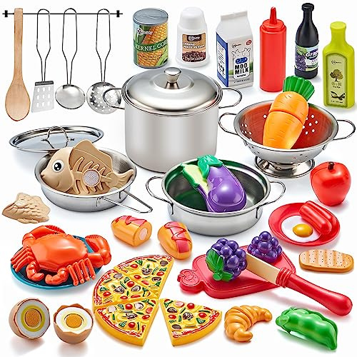 Kidsciety Pretend Play Kitchen Accessories, 52pc Kids Kitchen Playset with Play Food, Stainless Steel Cookware, Toys Pots and Pans, Toddler Toy Set with Cuttable Toy Food, Boys Girls Gift