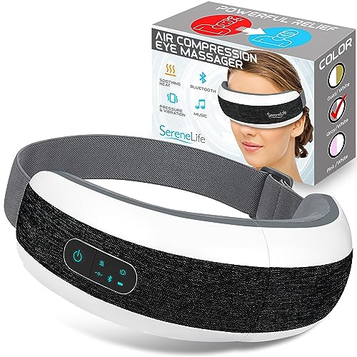 SereneLife Stress Therapy Electric Eye Massager, Vibration Massage Eye Relief, Wireless Digital Mask Machine w/Soothing Music and Relaxing Heat Compress, Built-in Battery & Adjustable Elastic Band