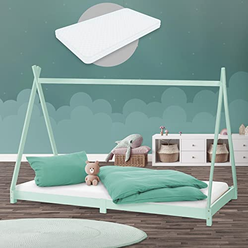 ML-Design barnsäng Tipi 90x200 cm Mint med madrass H: 16cm & spjälram, indisk säng massivt trä, furuträ, husbädd för flickor/pojkar, barnhus ungdomssäng träbäddning hus lekbädd tält