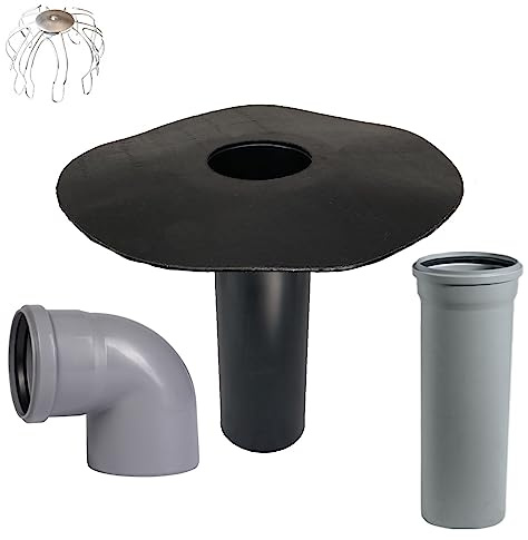 Desagüe plano DN 100/110 para tejado, incluye cesta colectora de hojas a elegir con arco y tubo HT, brida de betún, toldo, entrada, drenaje del techo (arco de 87° + tubo HT de 500 mm)