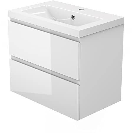 Skybathroom 500mm Bathroom Vanity Unit Gloss White with Ceramic Basin Sink Cabinet Wall Mounted 2 Drawers Flatpack