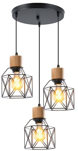iDEGU Lampara Techo Colgante 3 Luces Vintage Iluminación de Techo de Madera Metal Lámpara de Araña Estilo Jaula Nórdico Lámpara Colgante para Dormitorio Salón Cocina Comedor (Madera, Redondo, Negro)