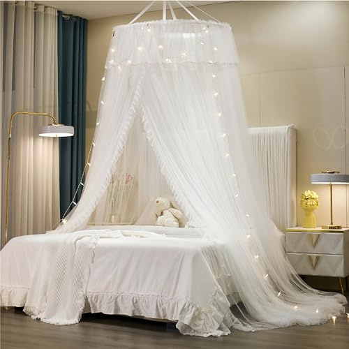 HUOQOU Baldacchino per Letto Principessa per RagazzeTenda Baldacchino Doppio Strato ReteTrasparente CupolaTenda LettoTonda inPizzo Zanzariera Tenda per Decorazione della Camera delle Ragazzee(Bianco)