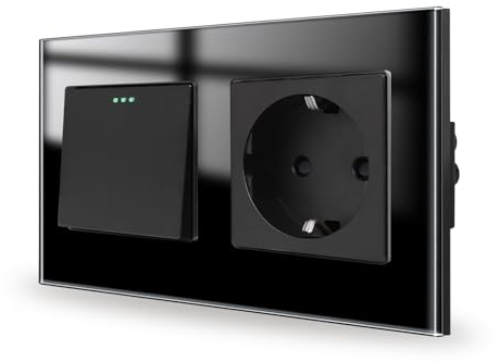 JIMEIDA Lichtschalter mit Steckdose Schwarz Unterputz 1 Fach 1 Weg Glas Steckdose Taste Schalter Wandschalter Kristall Kippschalter 157 * 86MM,10 Amp,250 V