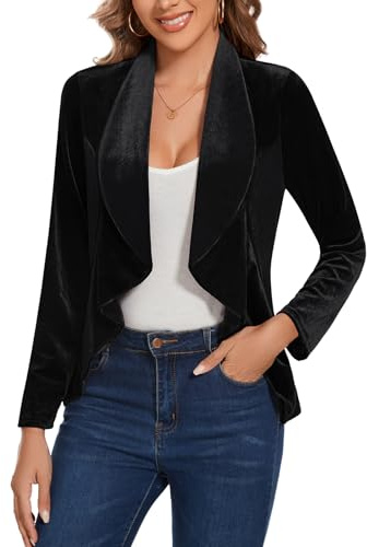 LADI TREND Veste en velours vintage rétro pour femme, ouverte sur le devant, manches longues, avec volants, coupe régulière, sans doublure, pour réunions de bureau, rassemblements sociaux, soirées