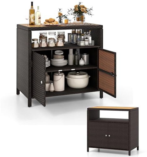 KOMFOTTEU Gartenschrank aus Rattan, Aufbewahrungsschrank Sideboard mit Arbeitsplatte aus Akazienholz, Garten Schuppen mit Doppeltüren, Rattanschrank 90 x 53 x 86 cm (Braun)