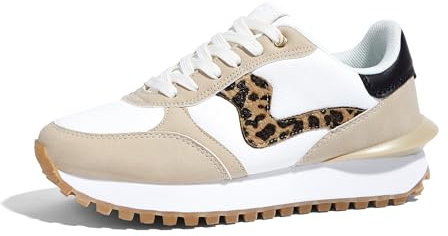 LUCKY STEP Plattform för kvinnor mode sneakers tennis retro promenader vardagliga träningsskor eleganta hållbara lyxiga skridskor löparskor, Beige/Leopard, 42 EU