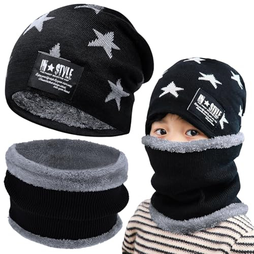Axinyijia Gorro de Invierno y Braga Cuello Niño, Sombrero de Invierno Bufanda para Niños, Conjunto de Gorro y Bufanda de Tubo Regalo Para Niños Niñas 5-14 Años (negro)