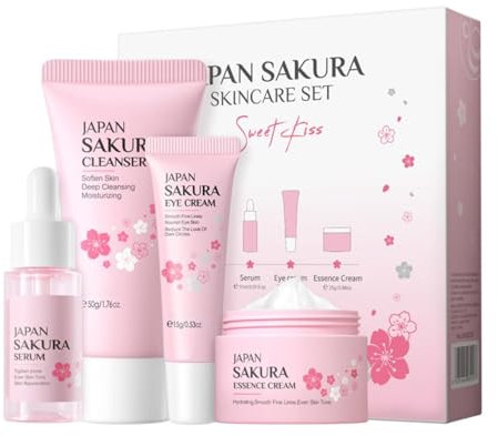 Vawolecy Sakura Set per la cura della pelle per le donne, kit per la cura della pelle in formato da viaggio con detergente, siero, crema per gli occhi, crema per il viso 4 pezzi