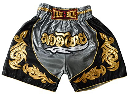Generisch grau schwarz Größe XS Sportliche Junior Short für Muay Thai Boxen - Ideale Kickboxen Hose für Jungen und Mädchen (Kinder)- Perfekt für Gym, Sport und Fitness