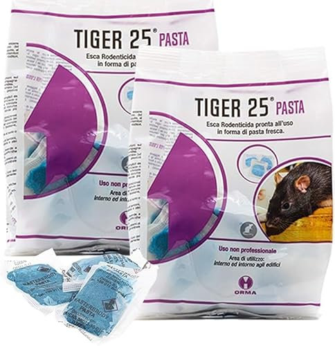 ORMA Veleno per Topi Professionale, Esca Topicida Ratticida in Bustine di Pasta Fresca, Rodenticida Potente, Uso Esterno ed Interno, 100% Made in Italy - Tiger25 Pasta 2x150 g