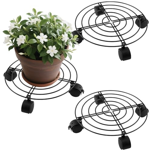 HEIYUET 3 Stück Schwarz Pflanzenroller Metall Rund, 27cm Durchmesser Rund Blumenroller Untersetzer mit Rollen, Rollbrett Pflanzen Caddy für Außen und Innen, 60kg Tragkraft