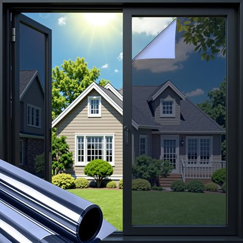 Warmiehomy One Way Window Film Privacy Film for Glass Windows, Anti Glare Mirror Reflective Blackout Window Film, Self Adhesive Window Tint UV Sun Blocker for Home Office, 50x200cm, Blue Silver