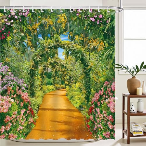 Avezano Garden Shower Curtain Outdoor Flower Green Tree Landscape Bathroom Shower Curtain Garden Scene Waterproof Fabric Shower Curtains Bathtub Decor with 12 Hooks 72 X 72 Inch