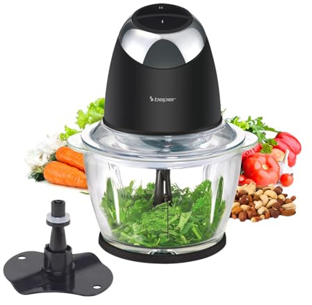 BEPER P102ROB003 Picadora Eléctrica Chop & Whip con Recipiente de Vidrio de 500 ml, Cuchillas de Acero Inoxidable, 2 Velocidades, Accesorio para Emulsionar y Montar Nata, Compacta, Segura y Fácil de L