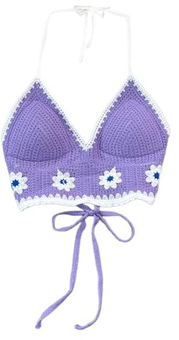 Top corto da spiaggia senza schienale con allacciatura al collo, reggiseni da donna scavati all'uncinetto a maglia con fiori bustiers gilet da spiaggia vacanze vacanze crop top, Viola, Taglia unica