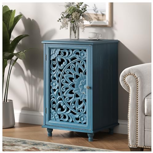 JOINICE Small Accent Cabinet with Carved Mandala Door, Blue Storage Cabinet with Solid Wood Legs & Adjustable Shelf, Boho Distressed End Table for Living Room, Bedroom, Entryway Side Table