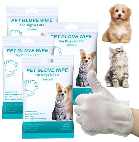 Eulihent 24 Pezzi Guanti per la Pulizia di Cani e Gatti, Salviette Ipoallergeniche per Cani Salviettine Cane e Gatto per la Pulizia di Orecchie, Zampe, Sedere, Viso e Corpo
