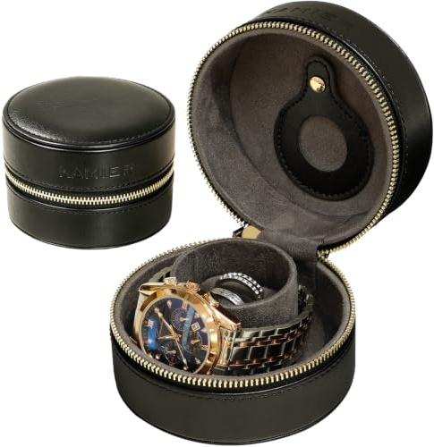 KAMIER Single Watch Travel Case, Portable PU Leather Watch Box | Ring Slot, with Zipper, Watch Holder, Fits 50mm Wrist Watch, for Men Women, Ideal for Daily Carry, Business & Gym