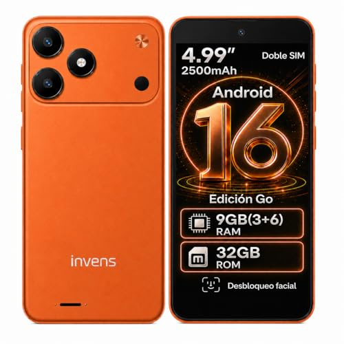 invens TK02 Telefonos Moviles Libres, 9(3+6) GB+32GB/128GB TF Teléfono Móvil, Android 16, 5'' HD+, 8MP+5MP Móvil, 2500mAh, Smartphone Triple 4G SIM GPS/OTG/3.5mm Jack, Naranja